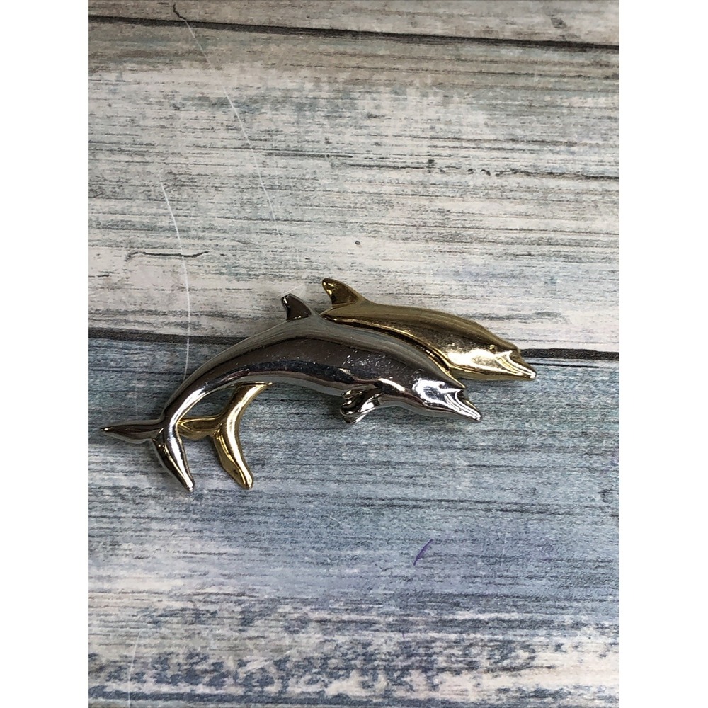 Vintage LIZ CLAIBORNE BROOCH PIN Silver & Gold Tone DOUBLE DOLPHINS JUMPING